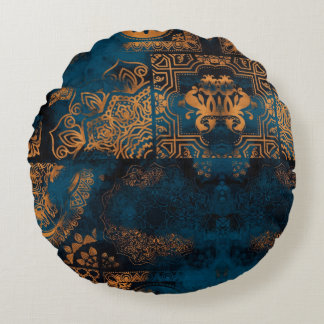 Teal and Gold Antique Boho Geometric Tile Round Cushion