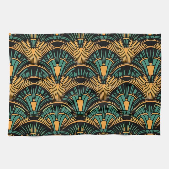 Teal and Gold Art Deco Tea Towel (Horizontal)