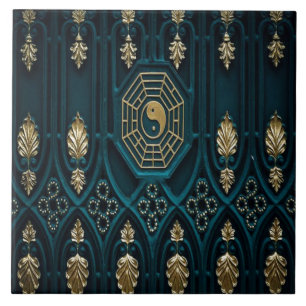 Teal and Gold Asian Abstract Ceramic Tile