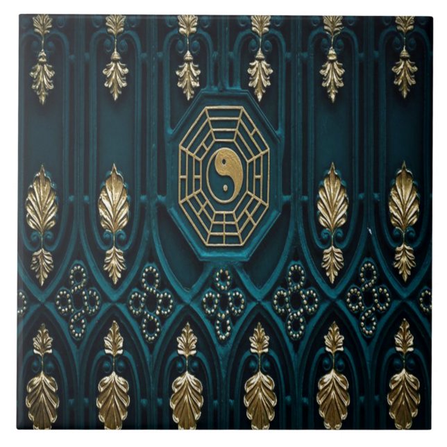 Teal and Gold Asian Abstract Ceramic Tile (Front)