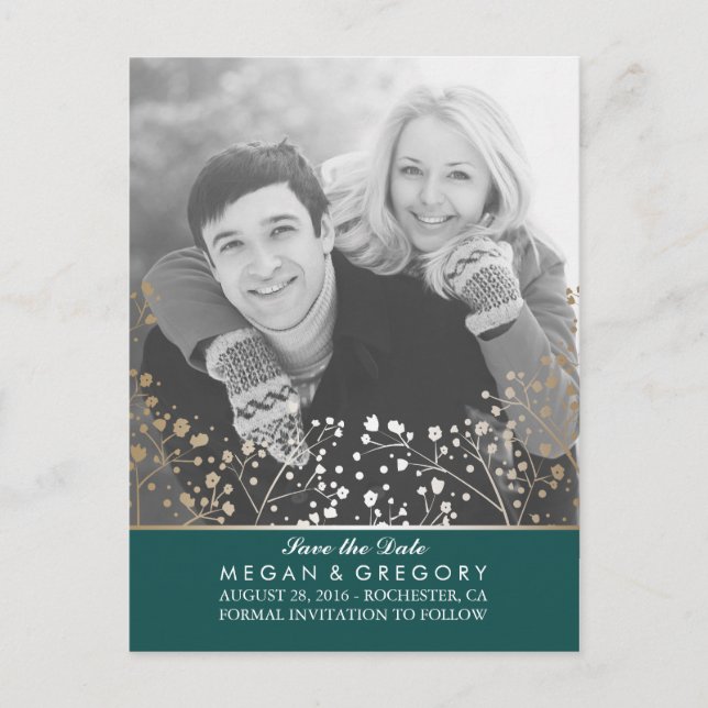 Teal and Gold | Baby's Breath Save the Date Announcement Postcard (Front)