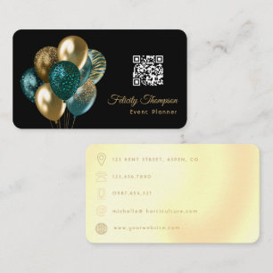 Teal and Gold Balloons Event Planner QR Code Business Card