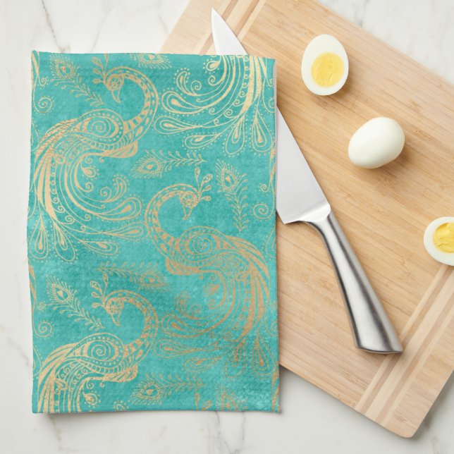 Teal and gold boho elegant peacock pattern  tea towel (Quarter Fold)