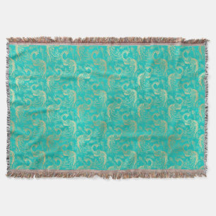 Teal and gold boho elegant peacock pattern throw blanket