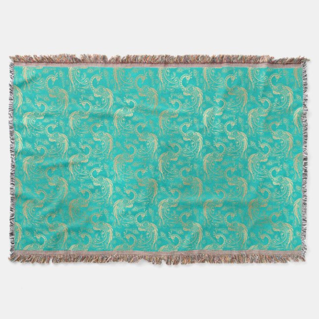 Teal and gold boho elegant peacock pattern  throw blanket (Front)