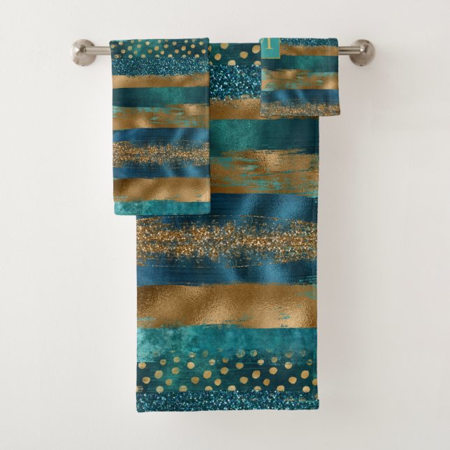 Teal and gold brush strokes and monogram bath bath towel set (Insitu)