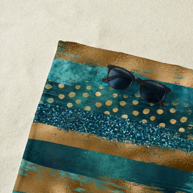 Teal and gold brush strokes and monogram beach towel (In Situ)