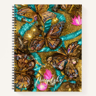 Teal and Gold Butterflies Personalised Name Notebook