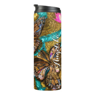 Teal and Gold Butterflies Personalised Name Thermal Tumbler