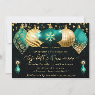 Teal and Gold Christmas Baubles Quinceanera Invitation