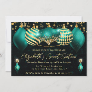 Teal and Gold Christmas Baubles Sweet 16 Invitation