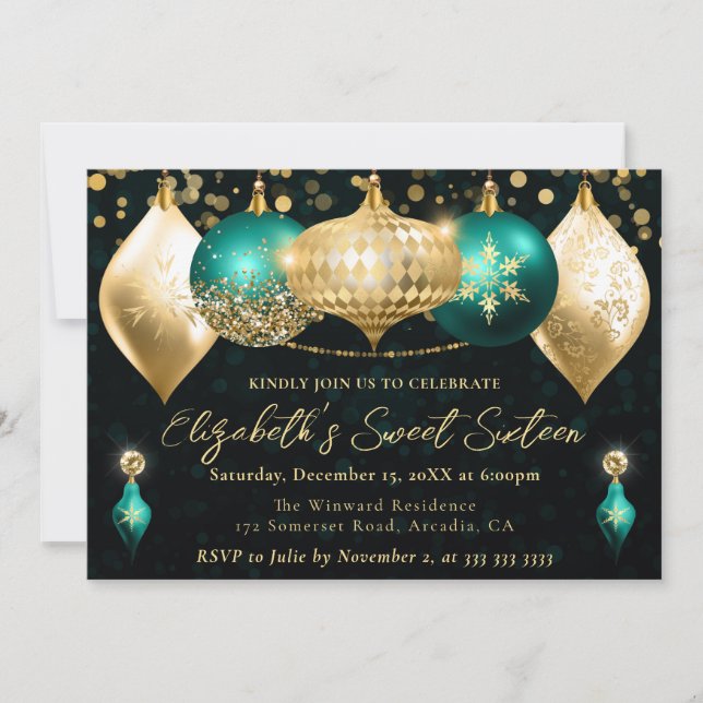 Teal and Gold Christmas Baubles Sweet 16 Invitation (Front)
