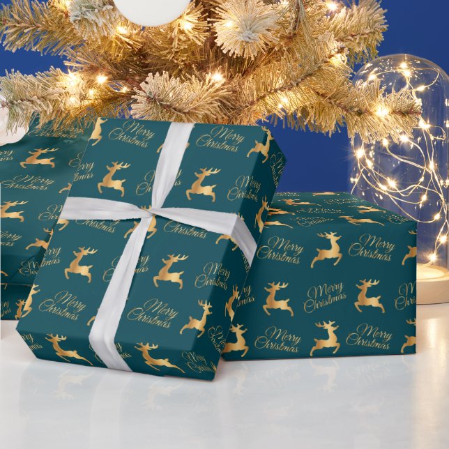 Teal and Gold Christmas Reindeers Wrapping Paper (Holidays)