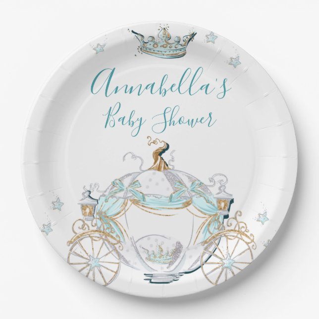 Teal and Gold Cinderella Princess Carriage Paper Plate (Front)