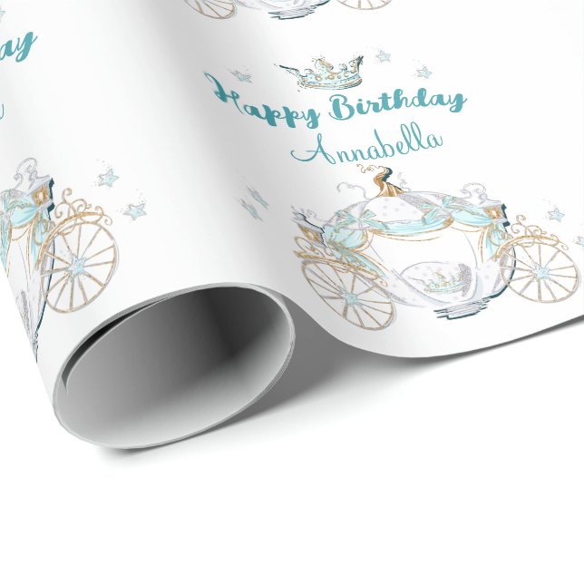 Teal and Gold Cinderella Princess Carriage Wrapping Paper (Roll Corner)