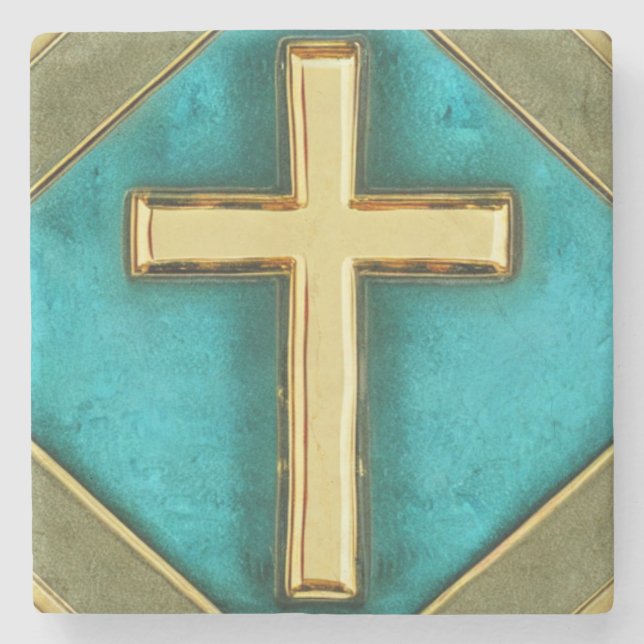 Teal and Gold Cross Marble Coaster (Front)