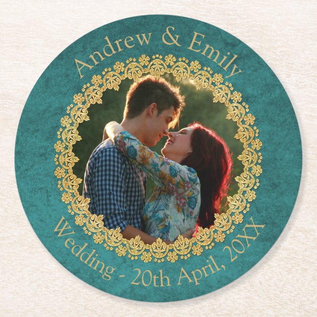 Teal and Gold Custom Photo Wedding Round Paper Coaster (Front)