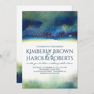 Teal and Gold Dots Modern Watercolor Wedding Invitation