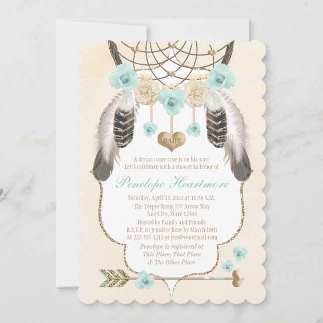 Teal and Gold Dreamcatcher Boho Baby Boy Shower Invitation (Front)