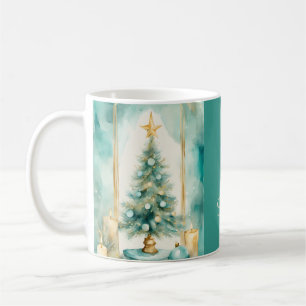 Teal and Gold Elegant Christmas Tree with Candles Coffee Mug