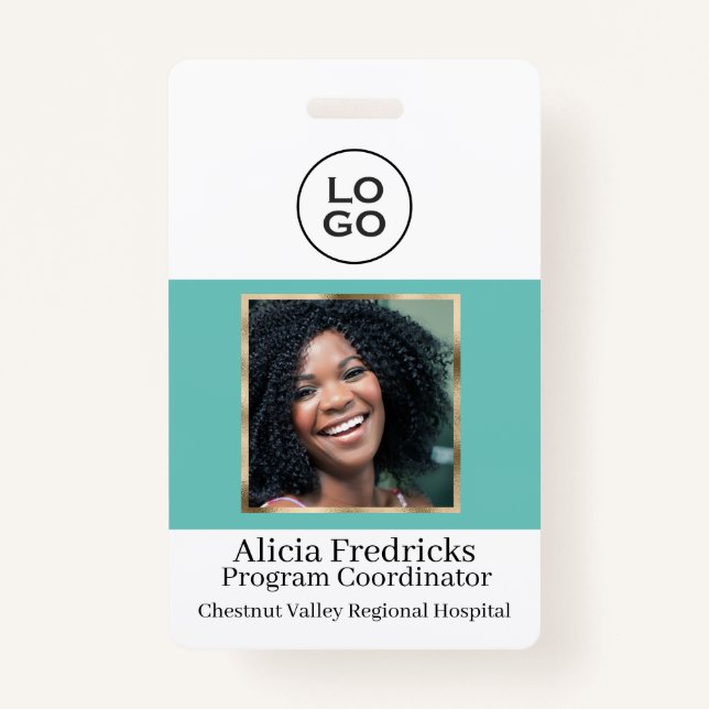 Teal and Gold Employee Photo ID with Logo ID Badge (Front)