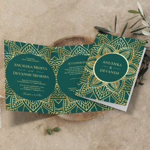 Teal and Gold Ethnic Mandala Indian Wedding Invitation