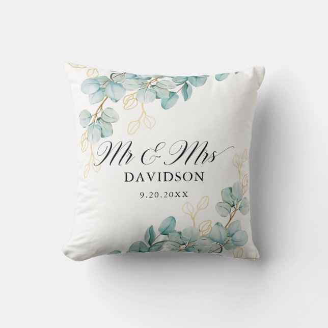 Teal and Gold Eucalyptus Newlyweds Elegant Script Cushion (Front)