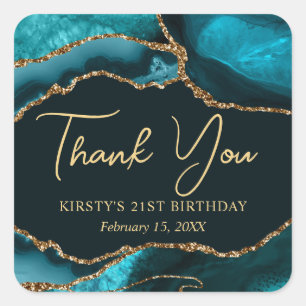 Teal and Gold Faux Glitter Agate Birthday Square Sticker
