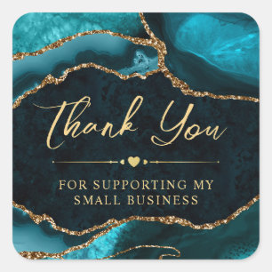 Teal and Gold Faux Glitter Agate Small Business Square Sticker