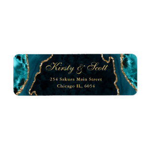 Teal and Gold Faux Glitter Agate Wedding address Return Address Label