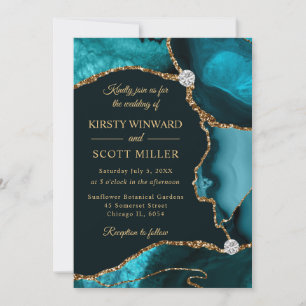 Teal and Gold Faux Glitter Agate Wedding Invitation