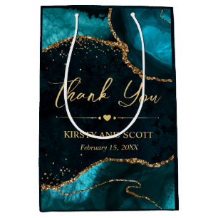 Teal and Gold Faux Glitter Agate Wedding Medium Gift Bag