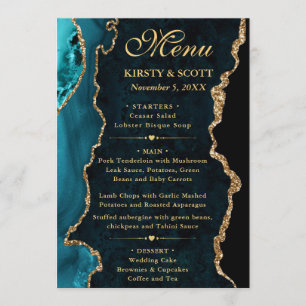 Teal and Gold Faux Glitter Agate Wedding Menu