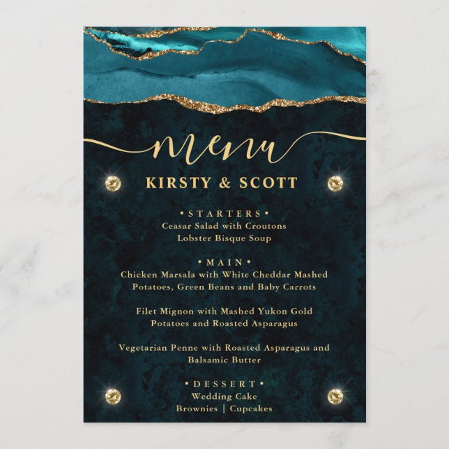 Teal and Gold Faux Glitter Agate Wedding Menu (Front)