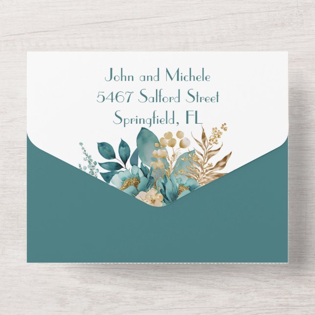 Teal and gold floral All in One Wedding Invite (Back)
