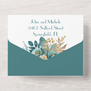 Teal and gold floral All in One Wedding Invite