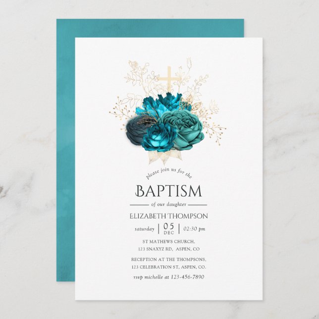 Teal and Gold Floral Baptism Invitation (Front/Back)