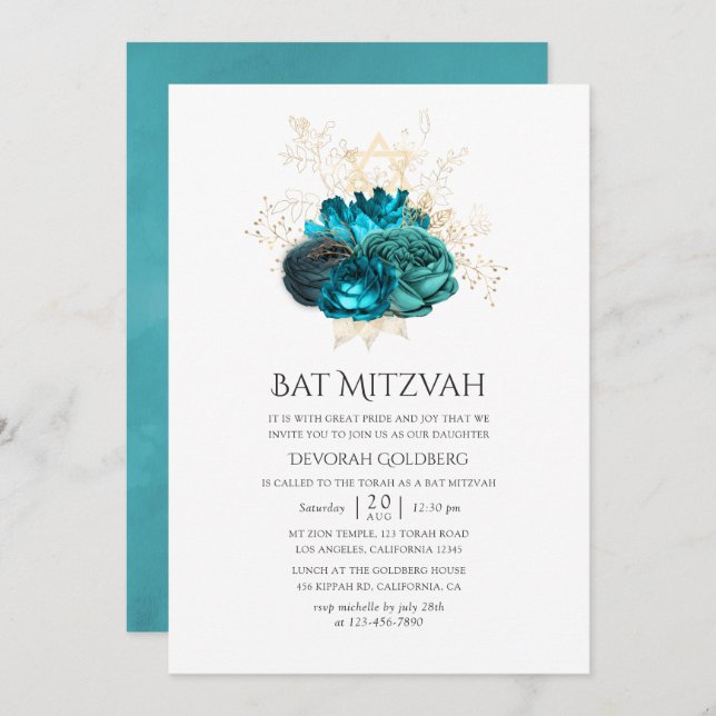 Teal and Gold Floral Bat Mitzvah Invitation (Front/Back)