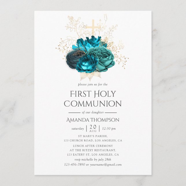 Teal and Gold Floral First Holy Communion Invitation (Front)
