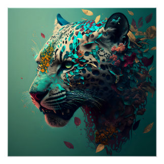 Teal and gold floral jaguar poster