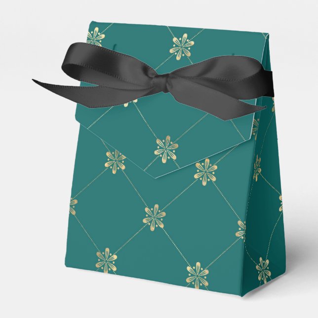 Teal and Gold Floral Lattice Pattern Favour Box (Front Side)