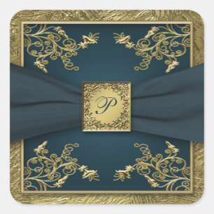 Teal and Gold Floral Monogram Wedding Sticker
