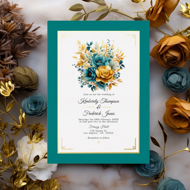 Teal and Gold Floral Wedding Foil Invitation (Teal and Gold)