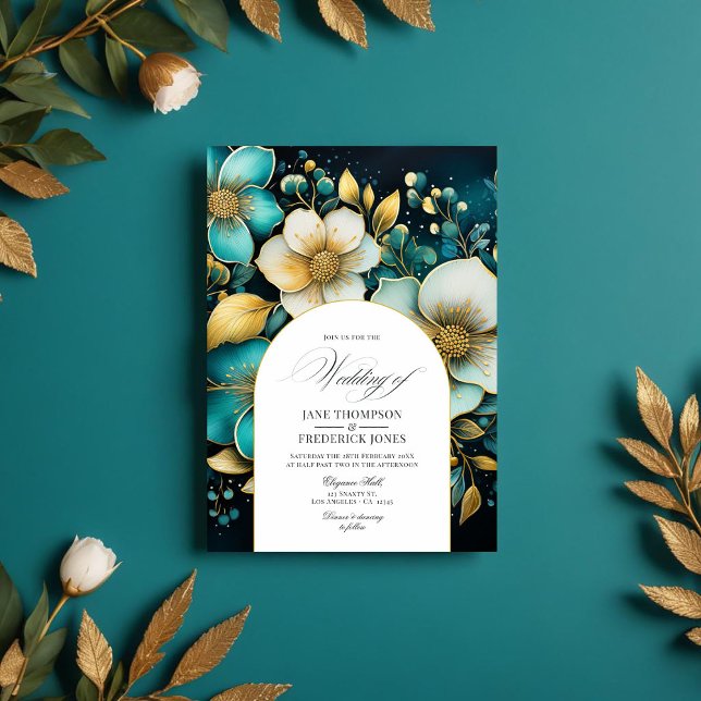 Teal and Gold Floral Wedding Invitation (Teal and Gold Floral Wedding Invitation)