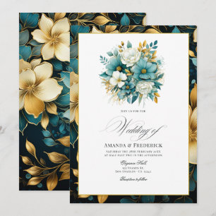 Teal and Gold Floral Wedding Invitation