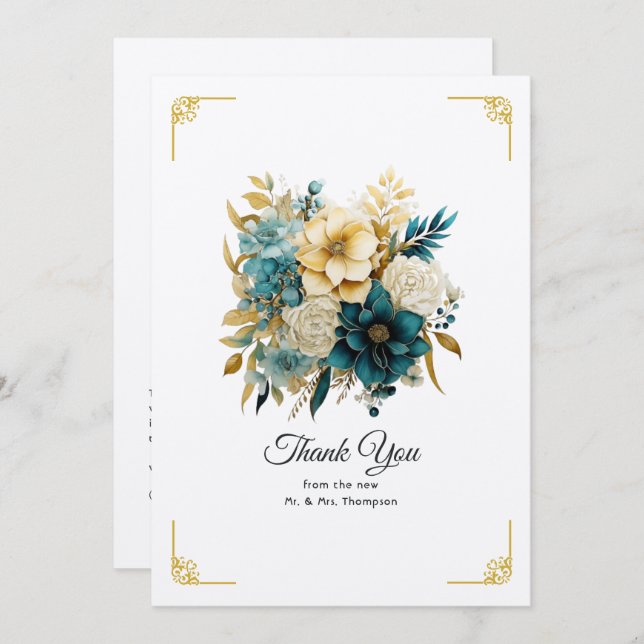 Teal and Gold Floral Wedding Thank You Card (Front/Back)