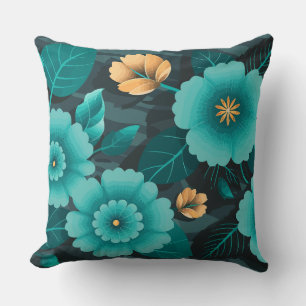 Teal and Gold Floral with Dark green Leaves Cushion