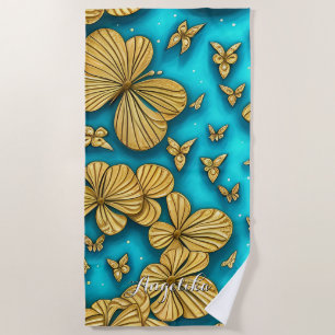 Teal and Gold Flowers Personalised Name Beach Towel