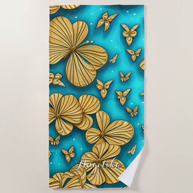 Teal and Gold Flowers Personalised Name Beach Towel (Front)