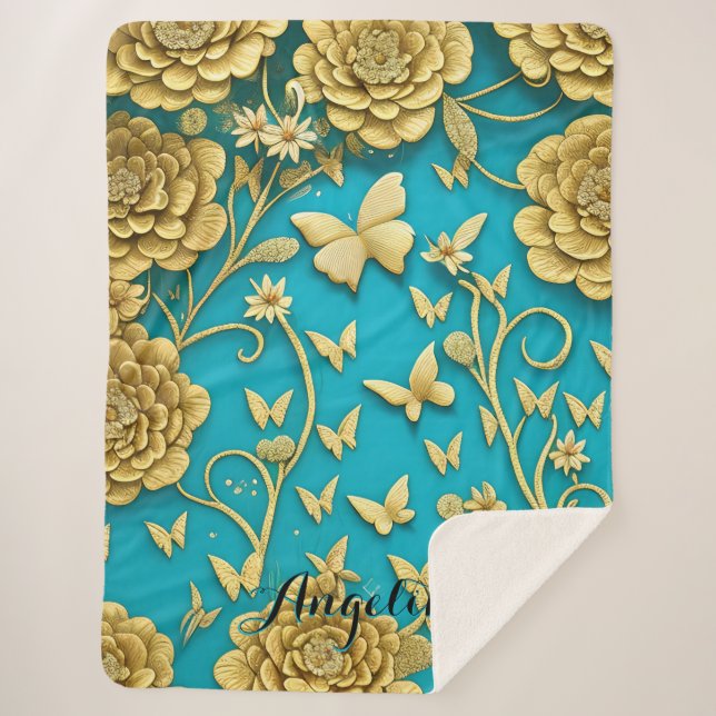 Teal and Gold Flowers Personalised Name Sherpa Blanket (Front)